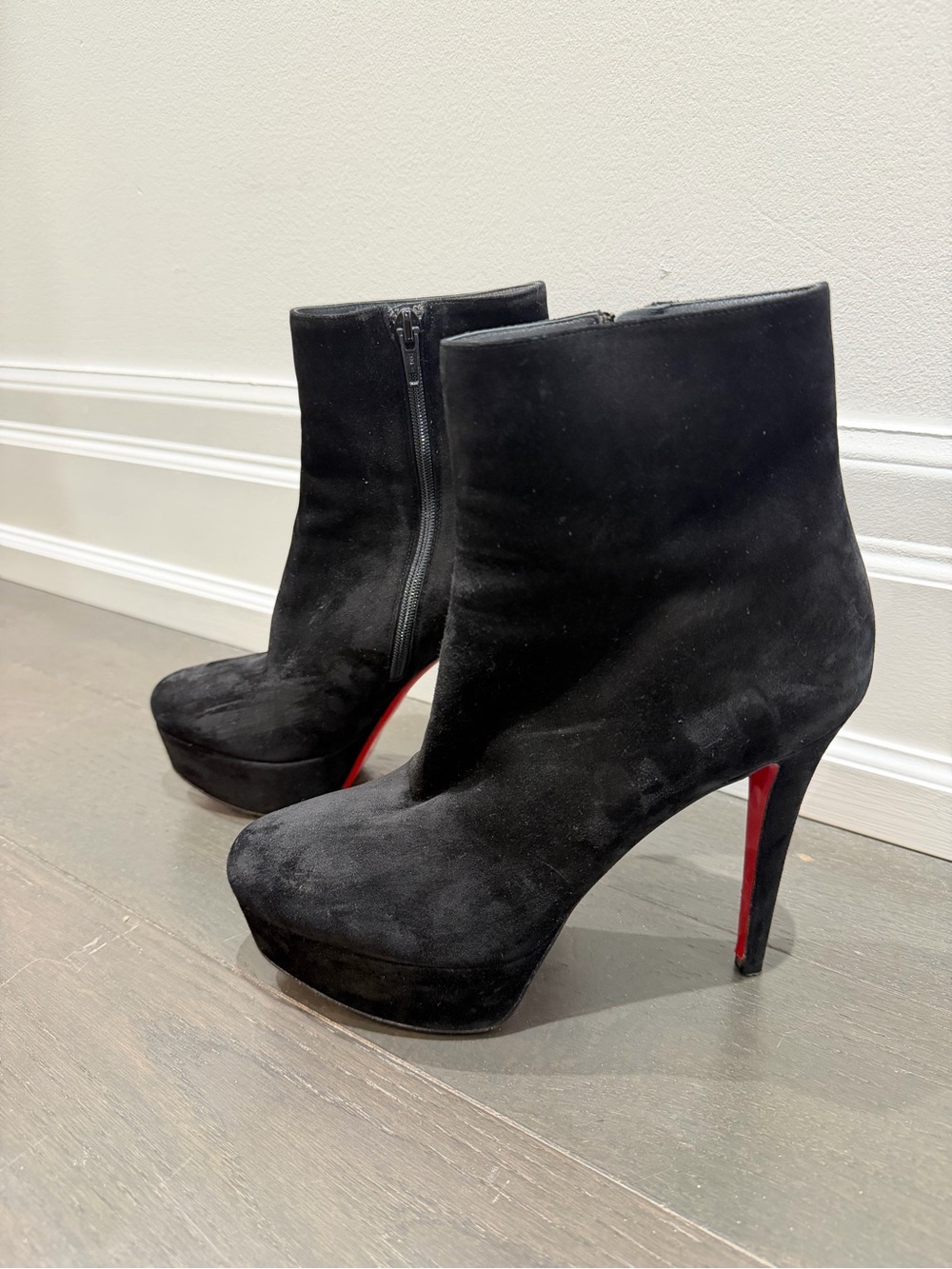 Christian Louboutin Black Suede Platform Ankle Boots with Red Soles
